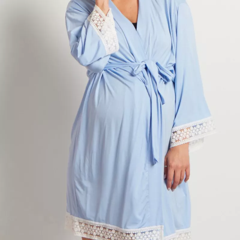 Pyjama de grossesse et d'allaitement chemise de nuit à manche brodé bleu	