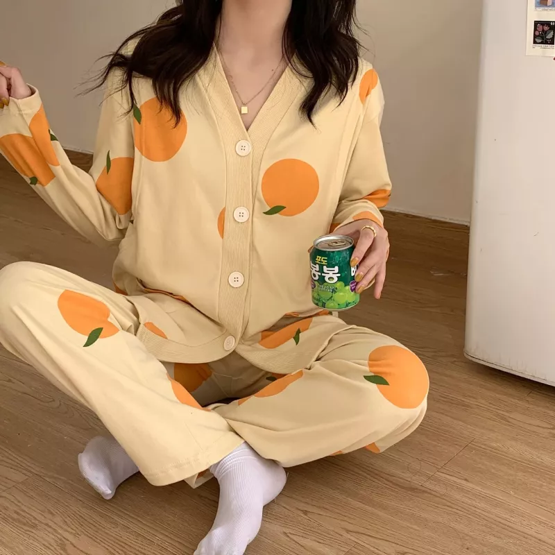 Pyjama grossesse et allaitement jaune motif orange