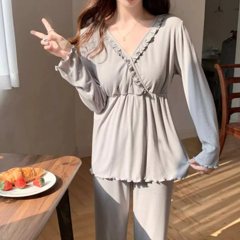 Pyjama grossesse et allaitement manche longues en coton gris 