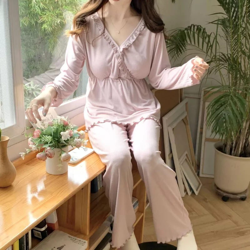 Pyjama grossesse et allaitement manche longues en coton rose 