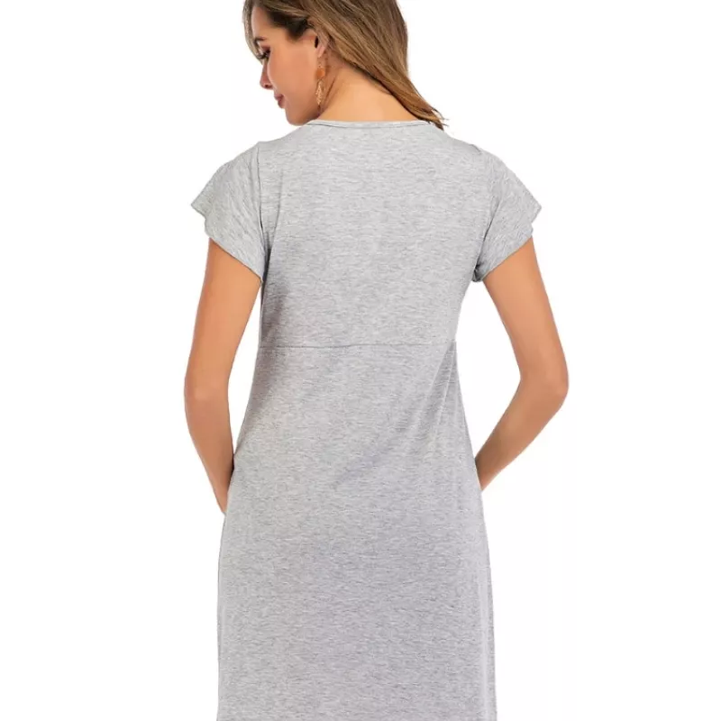 Chemise de nuit allaitement avec col en dentelle gris clair