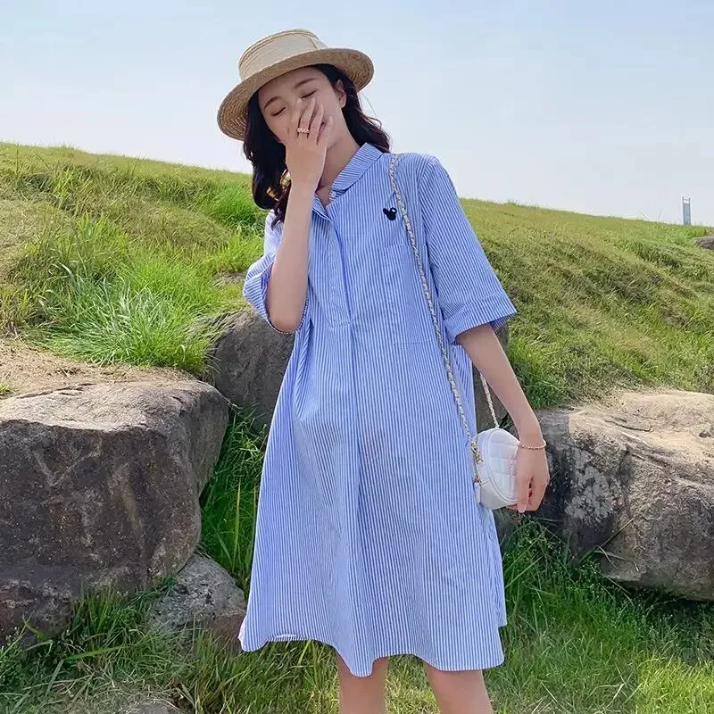 Robe allaitement et grossesse chemise bleu à rayure